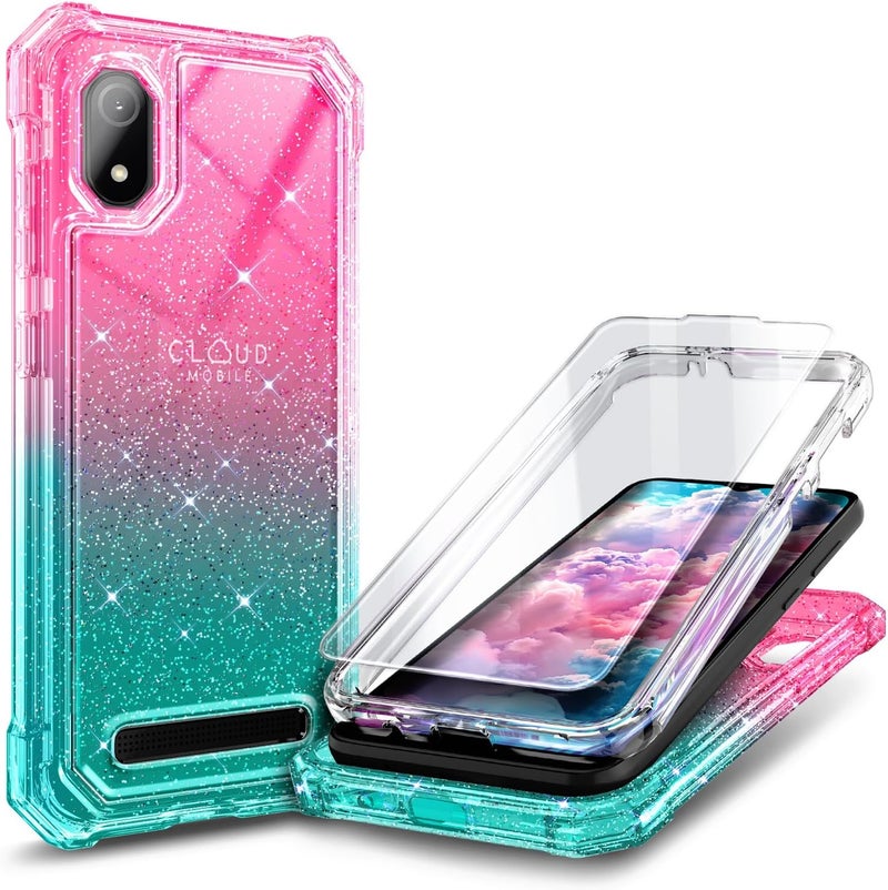 WDHD Designed for Cloud Mobile Stratus C8 Phone Case with [Tempered Glass Screen Protector], Full-Body Protective Shockproof Rugged Bumper Cover Case (Glitter Pink/Aqua) - Image 1